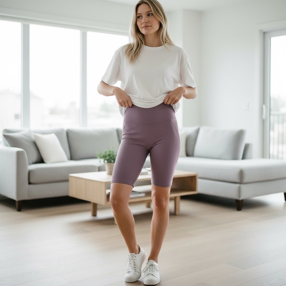 NEW Everlane Ribbed Bike Shorts Purple XS/S Small Womens High Waisted Stretch